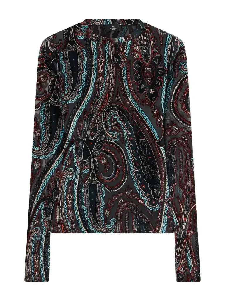 Etro Printed Velvet-trimmed Mesh Blouse