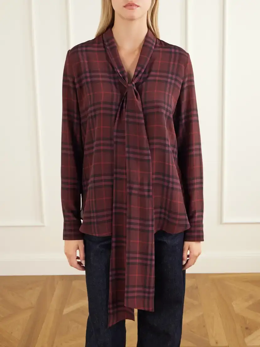 Burberry Rhiannon Pussy-bow Checked Silk-crepe Blouse | Thumbnail 3