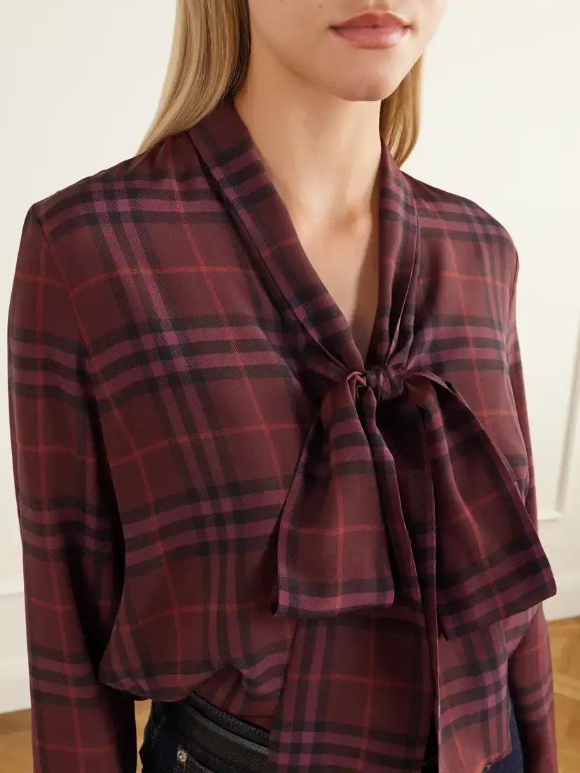 Burberry Rhiannon Pussy-bow Checked Silk-crepe Blouse | Thumbnail 5