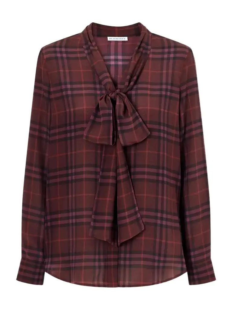 Burberry Rhiannon Pussy-bow Checked Silk-crepe Blouse