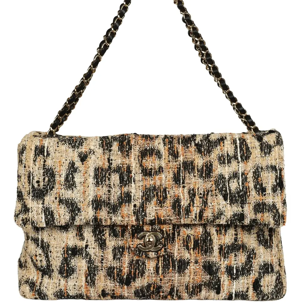 Chanel Chanel Maxi Leopard Print "Souplissimo" Large Flap Bag Brown, Black, White Tweed, Mixed Fibers Gold Hardware | Image 1 Chanel Chanel Maxi Leopard Print "Souplissimo" Large Flap Bag Brown, Black, White Tweed, Mixed Fibers Gold Hardware | Image 1