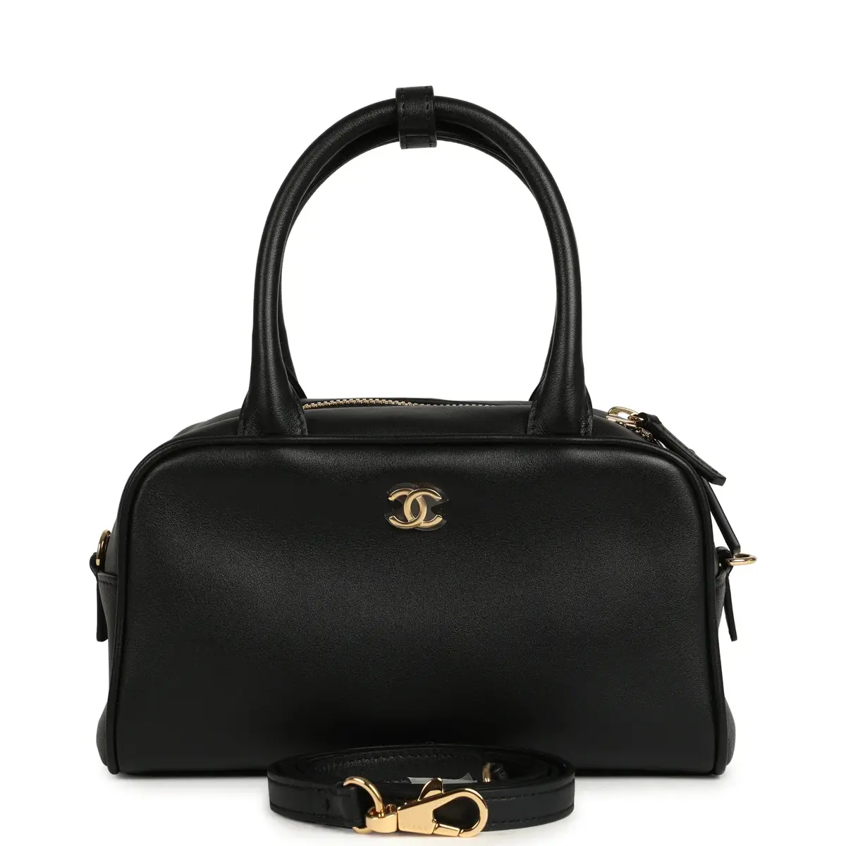 Chanel Chanel Mini Bowling Bag with Strap Black Calfskin Gold Hardware | Image 1 Chanel Chanel Mini Bowling Bag with Strap Black Calfskin Gold Hardware | Image 1