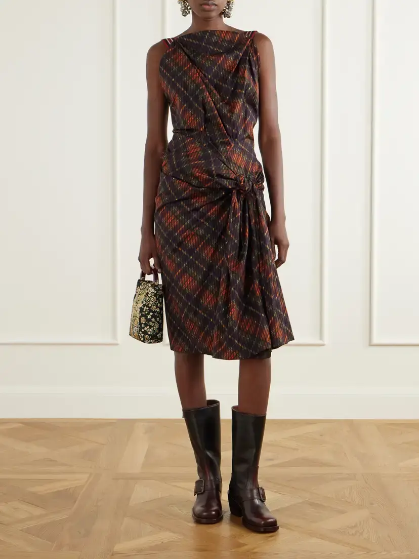 Dries Van Noten Twisted Draped Checked Cotton Midi Dress | Thumbnail 2