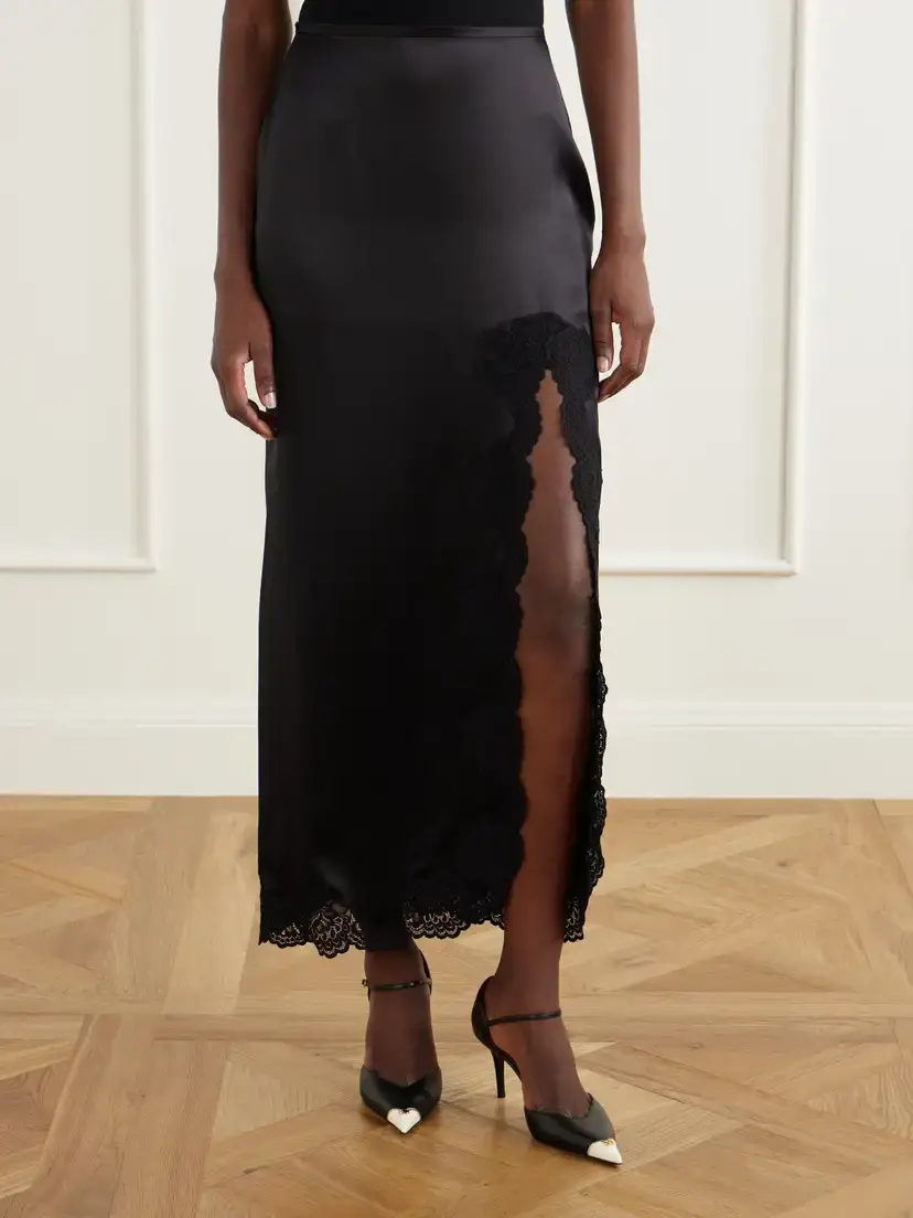 Valentino Garavani Lace-trimmed Silk-satin Midi Skirt | Thumbnail 3