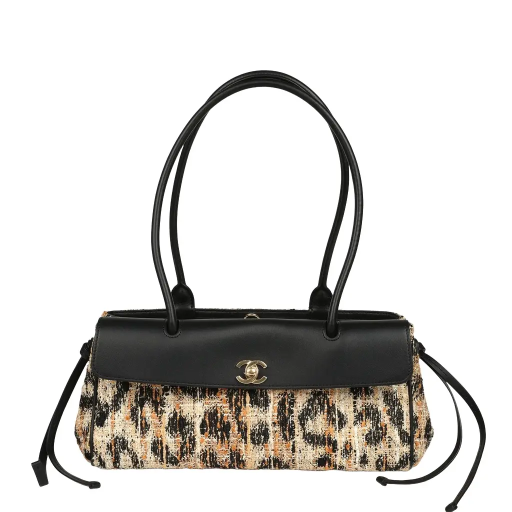 Chanel Chanel Small Leopard Print "Urban Essential" East West Shopping Tote Black Calfskin, Brown, Black, White Tweed, Mixed Fibers Gold Hardware | Image 1 Chanel Chanel Small Leopard Print "Urban Essential" East West Shopping Tote Black Calfskin, Brown, Black, White Tweed, Mixed Fibers Gold Hardware | Image 1
