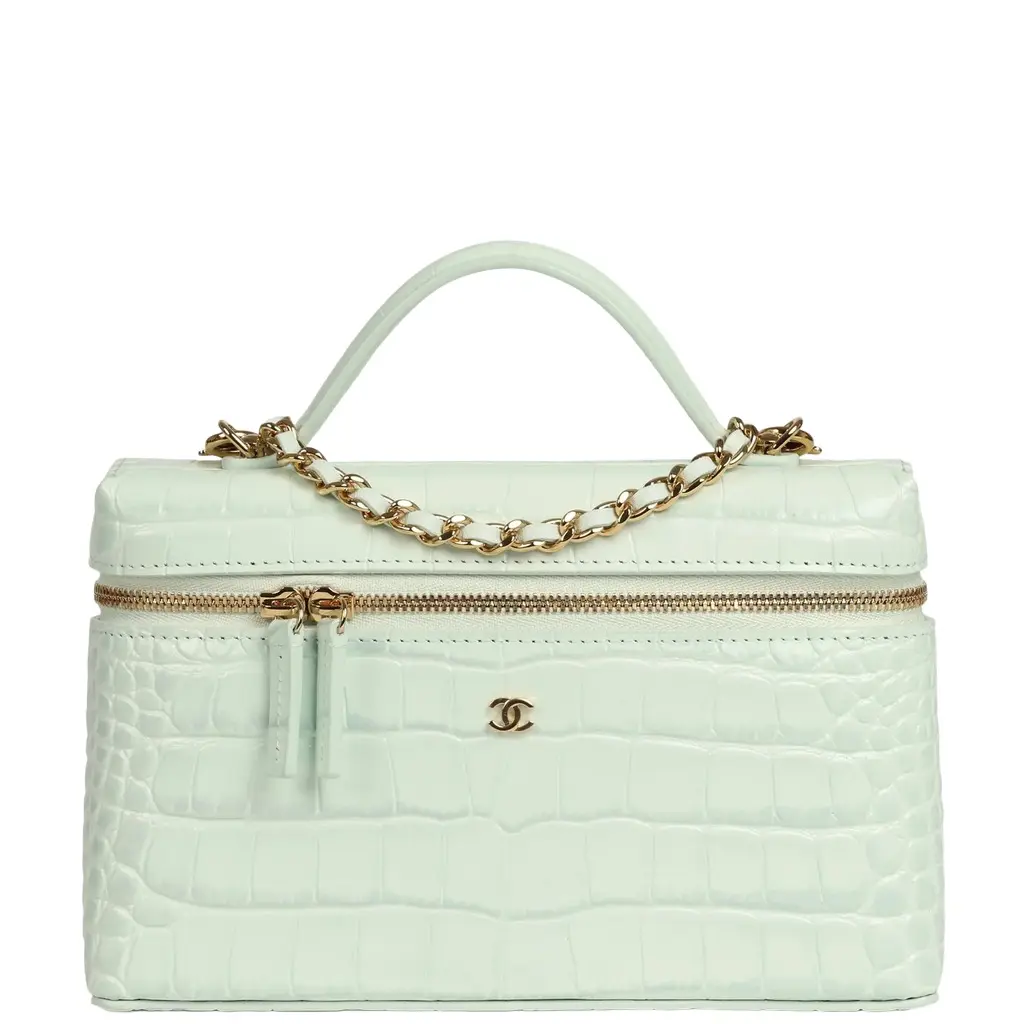 Chanel Chanel Top Handle Long Vanity Case with Chain Light Blue Croc Embossed Calfskin Gold Hardware | Image 1 Chanel Chanel Top Handle Long Vanity Case with Chain Light Blue Croc Embossed Calfskin Gold Hardware | Image 1