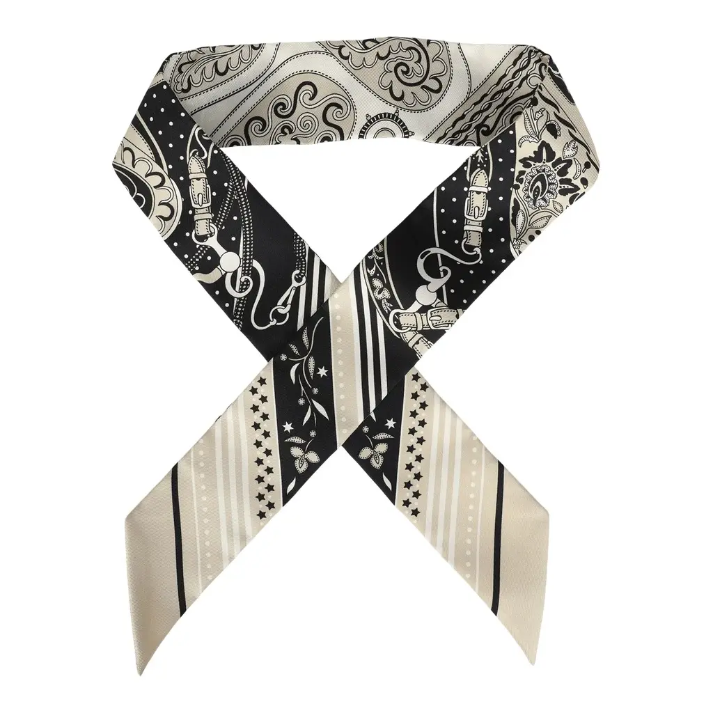 HERMÈS Hermes "Festival Des Amazones" Grege, Black, Blanc Silk Twilly | Image 1 HERMÈS Hermes "Festival Des Amazones" Grege, Black, Blanc Silk Twilly | Image 1