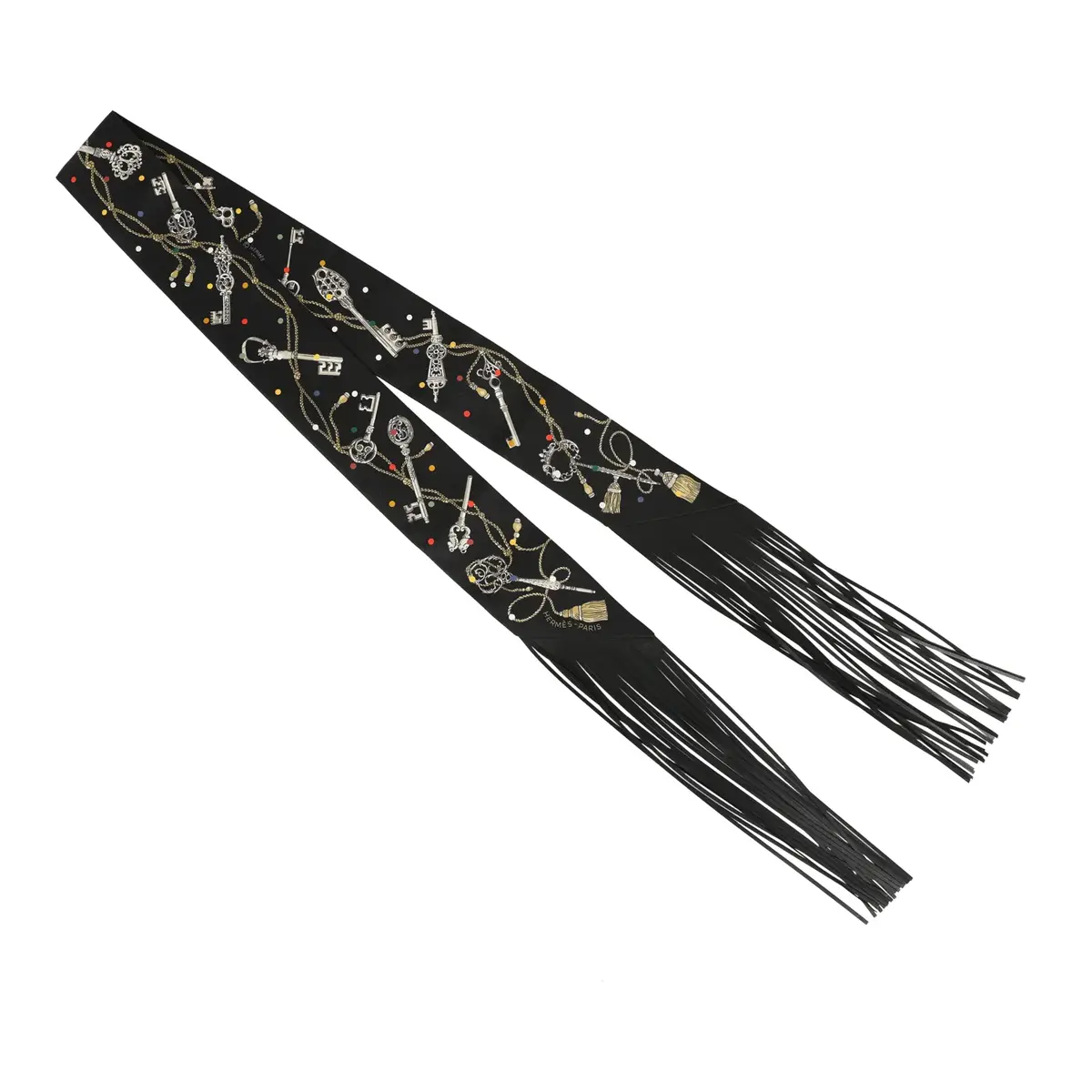 HERMÈS Hermes "Les Cles a Pois" Black, Multicolore, White Fringe Silk | Thumbnail 2 HERMÈS Hermes "Les Cles a Pois" Black, Multicolore, White Fringe Silk | Thumbnail 2