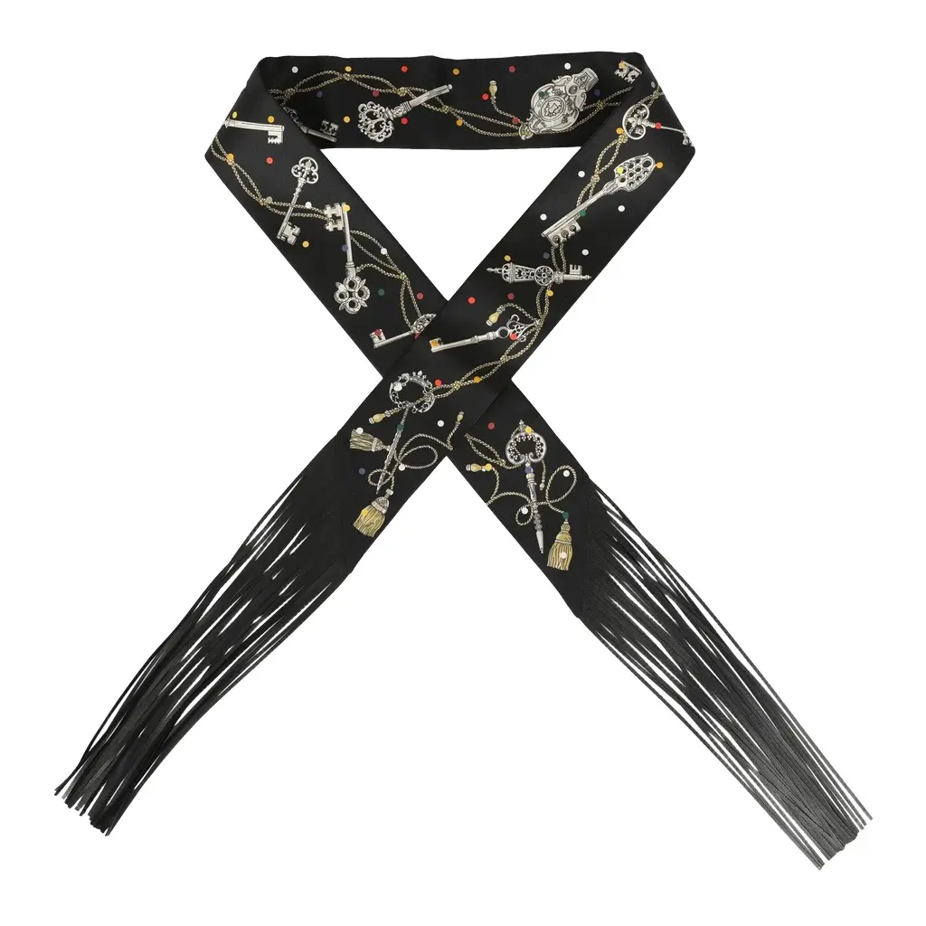 HERMÈS Hermes "Les Cles a Pois" Black, Multicolore, White Fringe Silk Twilly | Image 1 HERMÈS Hermes "Les Cles a Pois" Black, Multicolore, White Fringe Silk Twilly | Image 1