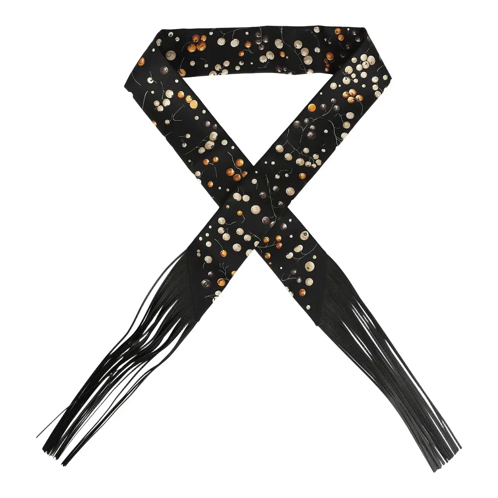 HERMÈS Hermes "Red Berries" Black, Beige Dore, Orange Fringe Silk Twilly | Image 1 HERMÈS Hermes "Red Berries" Black, Beige Dore, Orange Fringe Silk Twilly | Image 1