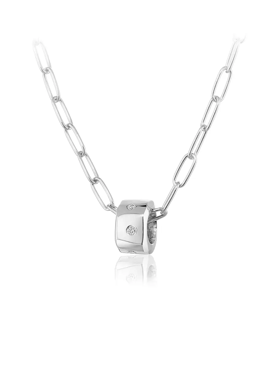 aligrace Sterling Silver Rounded Paperlink Chain with Wide Diamond Bead | Image 1 aligrace Sterling Silver Rounded Paperlink Chain with Wide Diamond Bead | Image 1