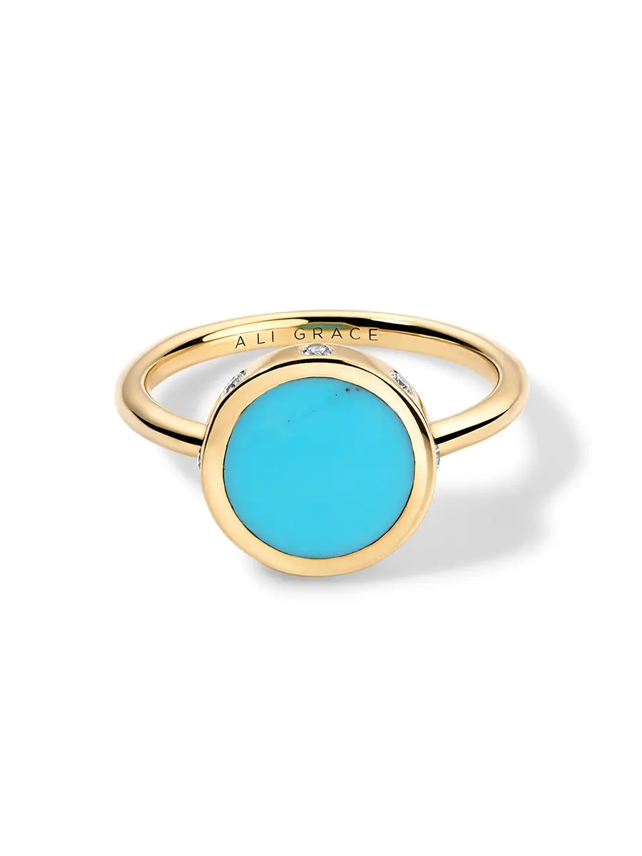 aligrace Yellow Gold with Turquoise & Side Diamonds Ring | Image 1 aligrace Yellow Gold with Turquoise & Side Diamonds Ring | Image 1
