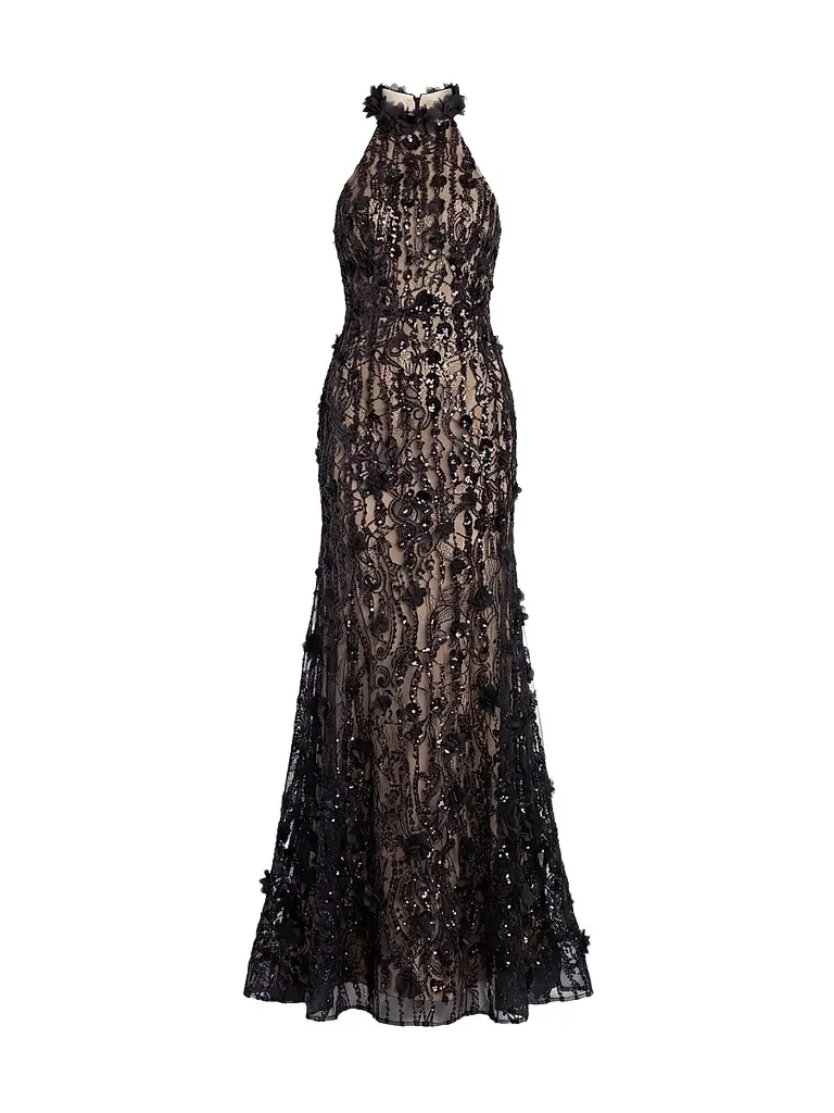 Mac Duggal Women's Beaded Lace Sleeveless Mermaid Gown - Black Beige | Image 1 Mac Duggal Women's Beaded Lace Sleeveless Mermaid Gown - Black Beige | Image 1