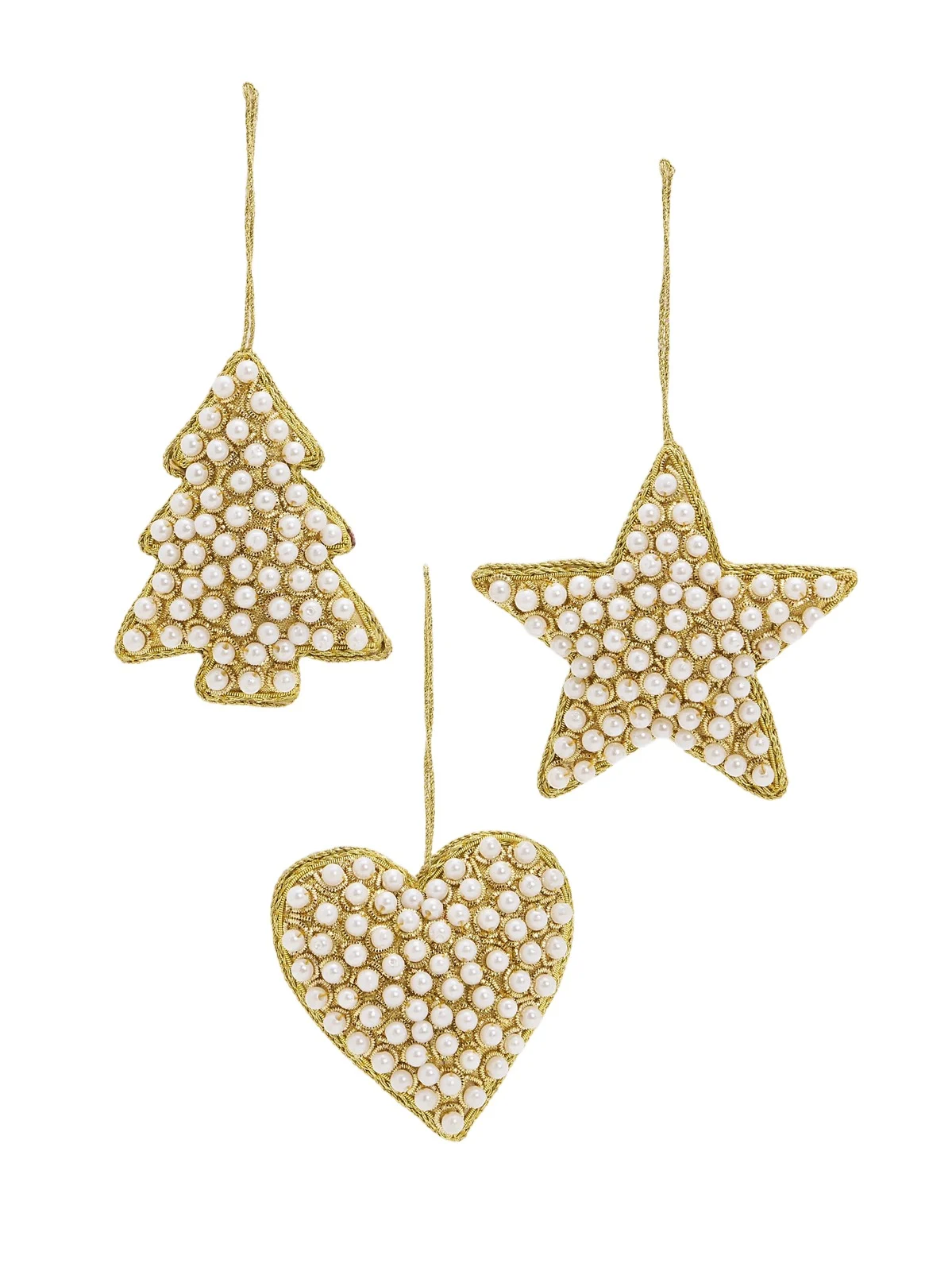 Sudha Pennathur Golden Pearl Heart, Tree & Star Ornament Set