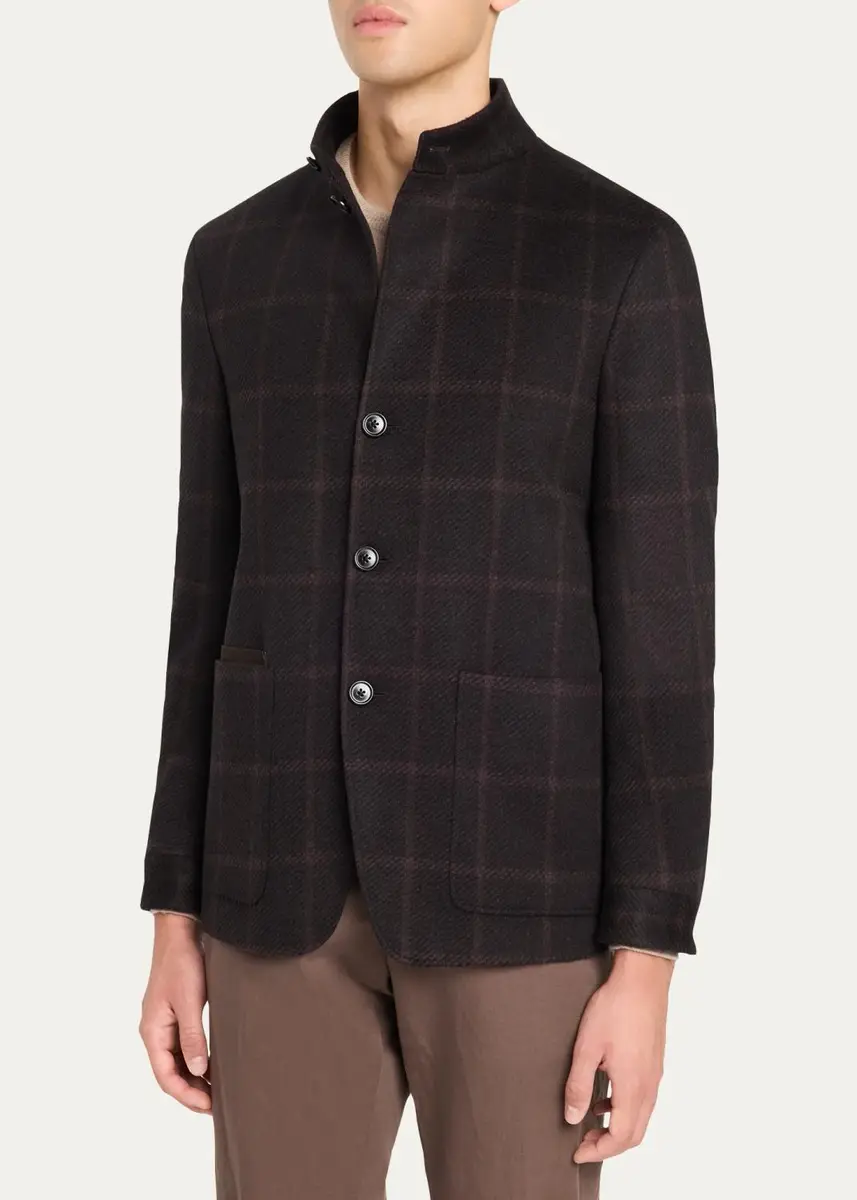 Zegna Men's Cashmere Grid Check Chore Jacket | Thumbnail 4 Zegna Men's Cashmere Grid Check Chore Jacket | Thumbnail 4