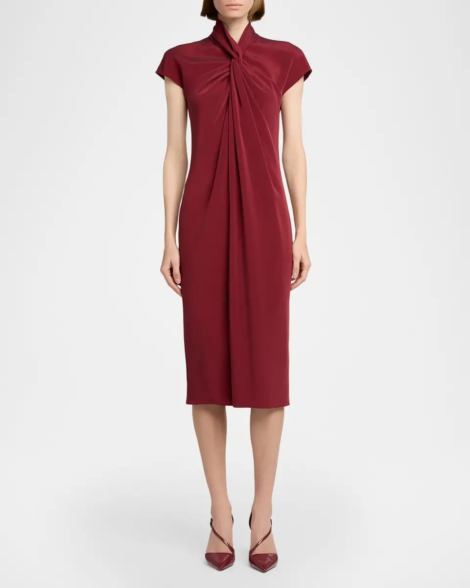 Giorgio Armani Draped Twisted-Collar Short-Sleeve Midi Dress | Thumbnail 2