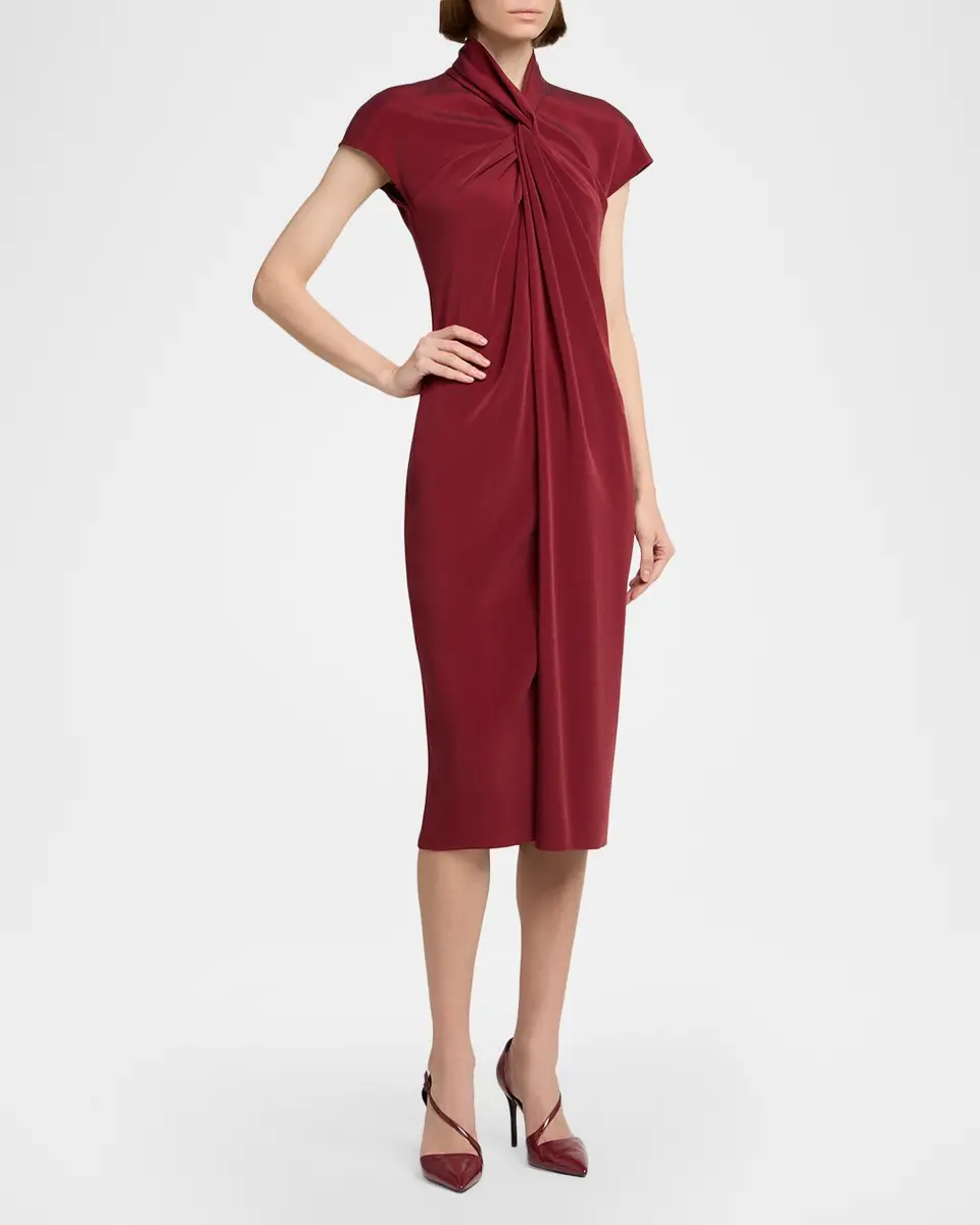 Giorgio Armani Draped Twisted-Collar Short-Sleeve Midi Dress | Thumbnail 4