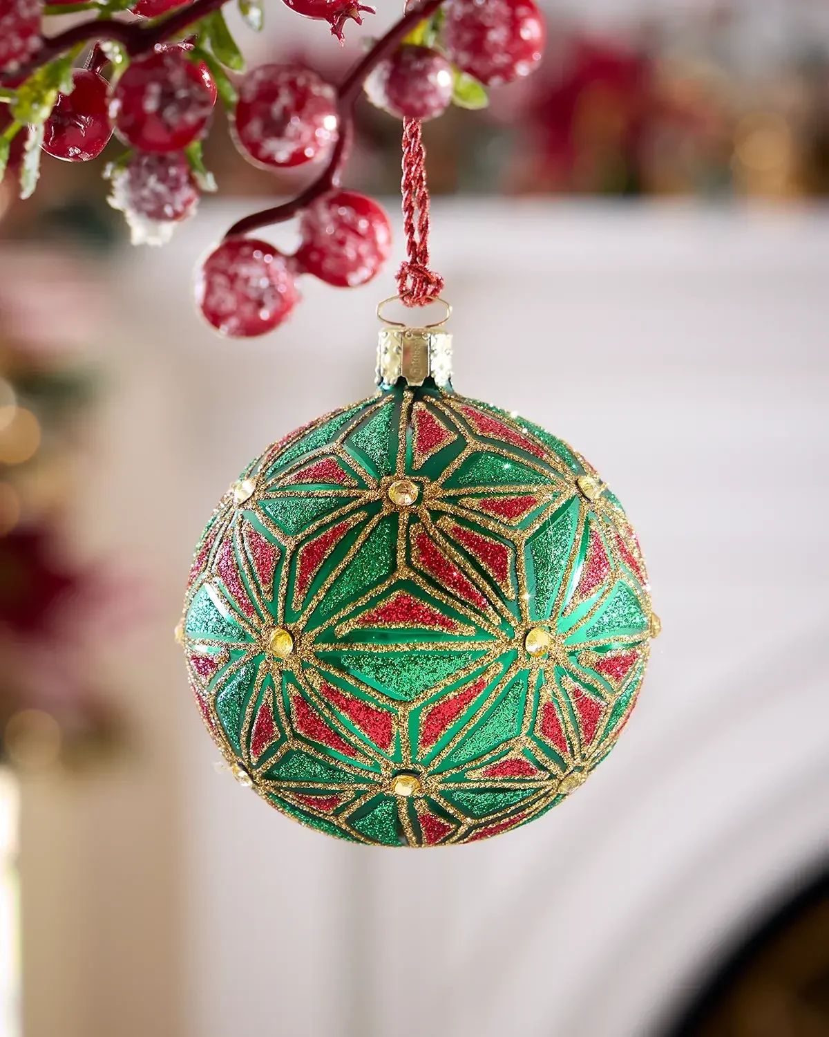 Exclusive Geometric Glitter on Matte Green Ball Christmas Ornament