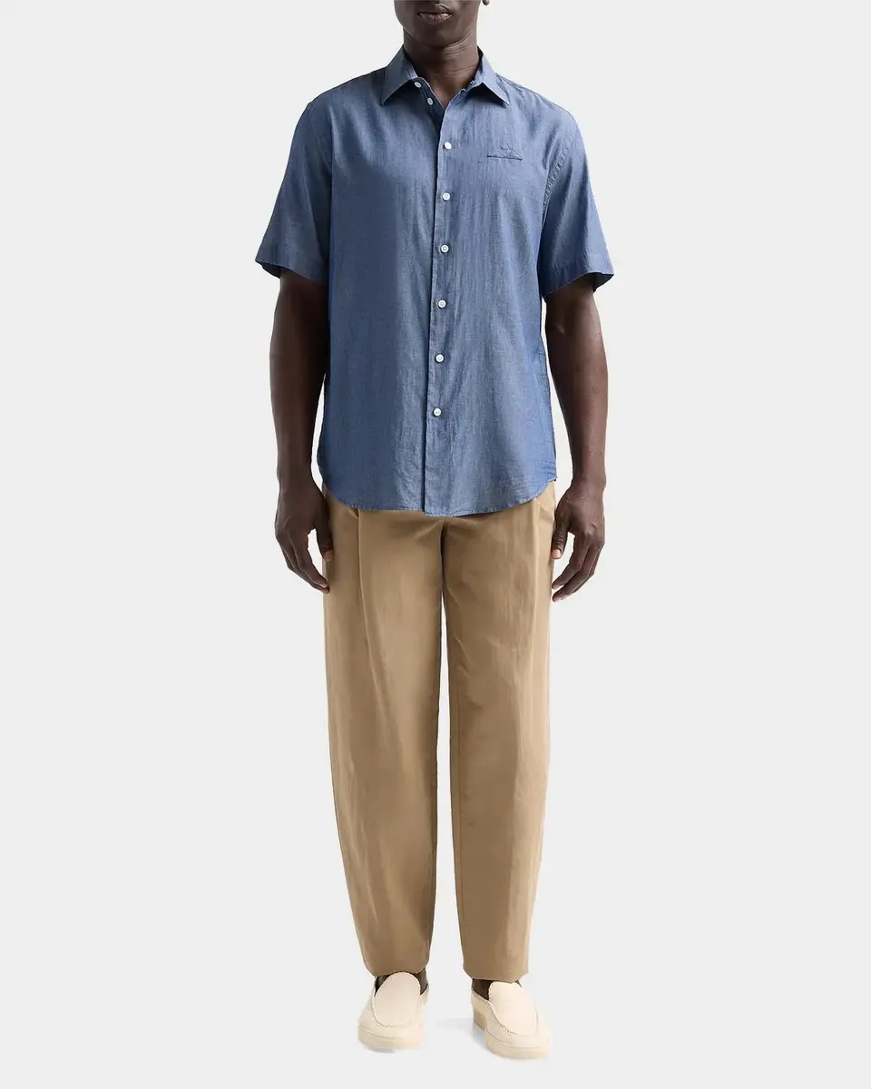 Emporio Armani Men's Chambray Self-Fabric Logo Short-Sleeve Shirt | Thumbnail 2 Emporio Armani Men's Chambray Self-Fabric Logo Short-Sleeve Shirt | Thumbnail 2