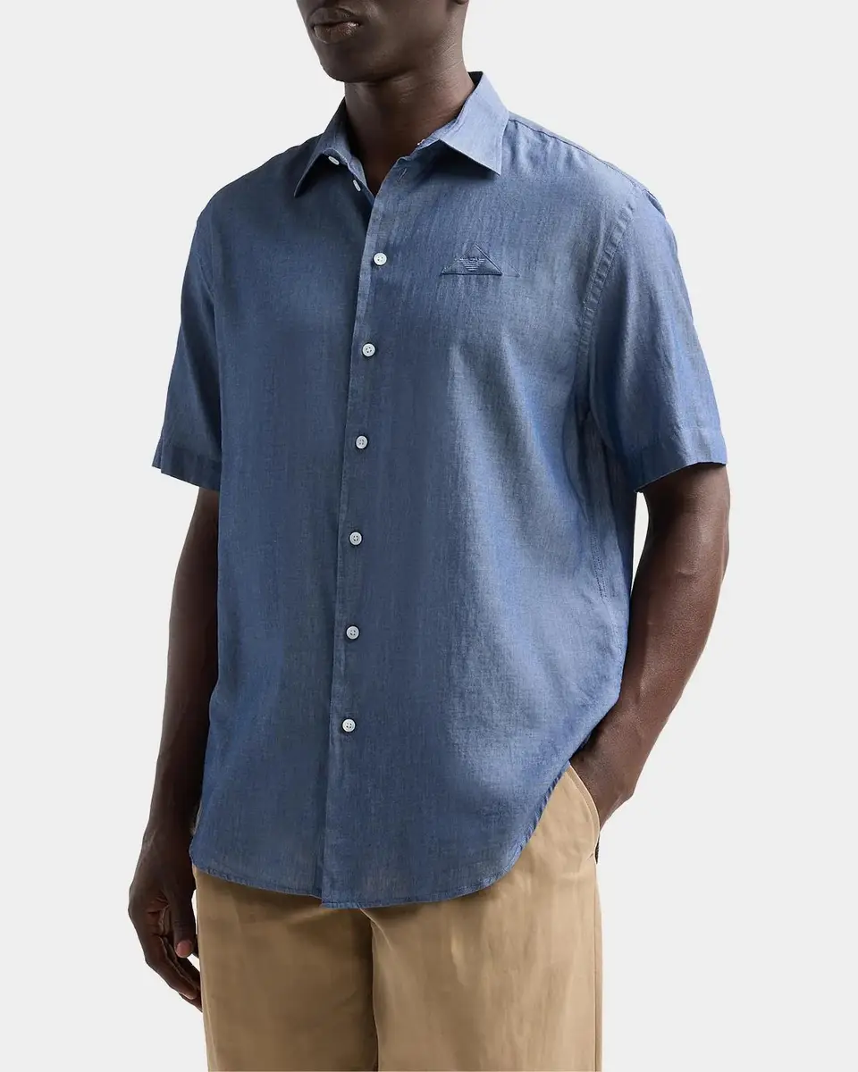 Emporio Armani Men's Chambray Self-Fabric Logo Short-Sleeve Shirt | Thumbnail 4 Emporio Armani Men's Chambray Self-Fabric Logo Short-Sleeve Shirt | Thumbnail 4