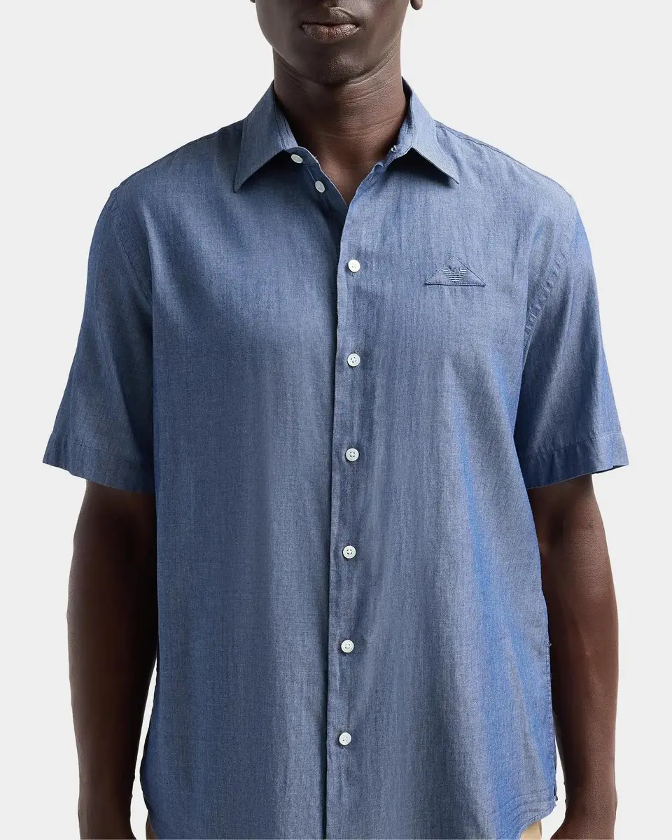 Emporio Armani Men's Chambray Self-Fabric Logo Short-Sleeve Shirt | Thumbnail 5 Emporio Armani Men's Chambray Self-Fabric Logo Short-Sleeve Shirt | Thumbnail 5