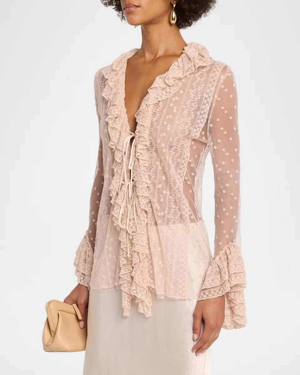 Alberta Ferretti Long-Sleeve Ruffle Lace Tie Blouse | Thumbnail 4 Alberta Ferretti Long-Sleeve Ruffle Lace Tie Blouse | Thumbnail 4