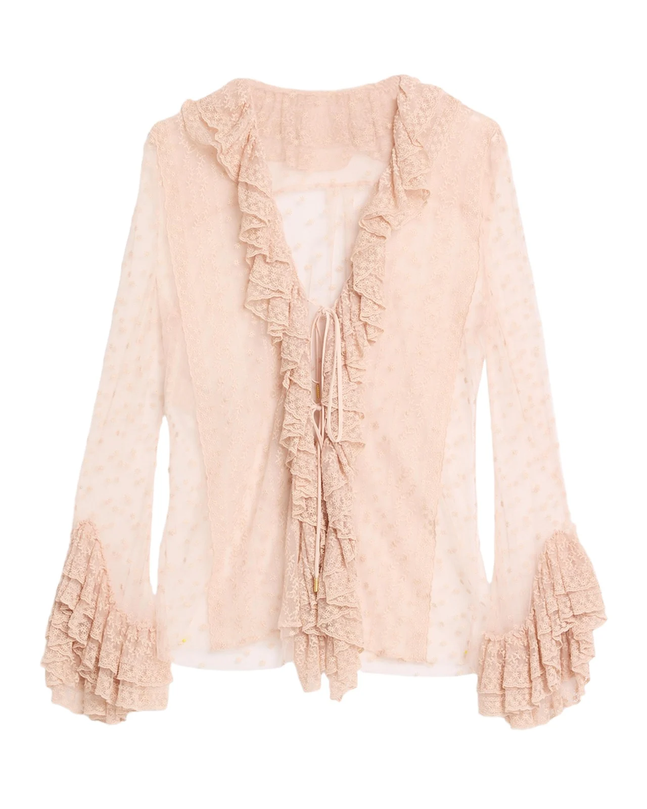 Alberta Ferretti Long-Sleeve Ruffle Lace Tie Blouse