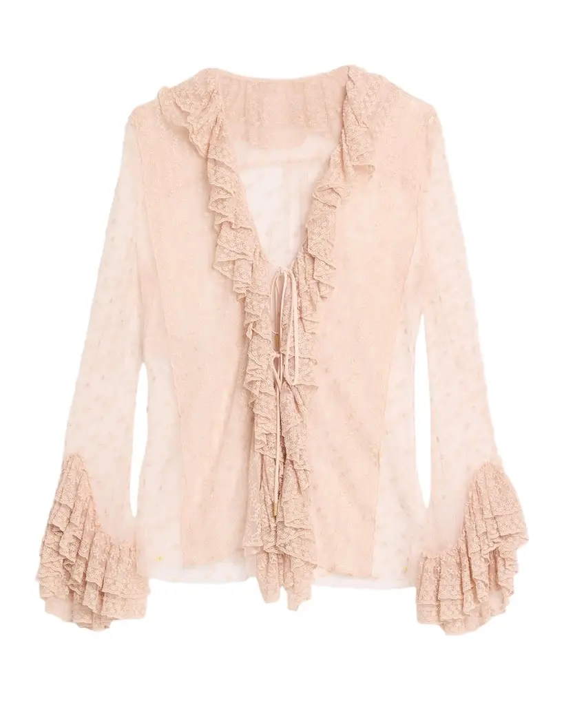 Alberta Ferretti Long-Sleeve Ruffle Lace Tie Blouse