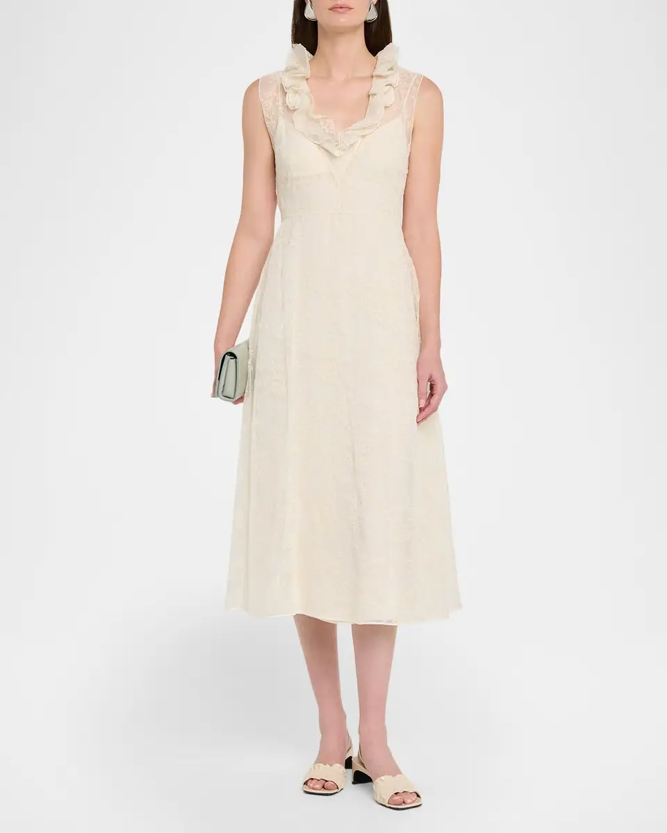 Alberta Ferretti Sleeveless Ruffle V-Neck Floral Silk Tulle Midi Dress | Thumbnail 2 Alberta Ferretti Sleeveless Ruffle V-Neck Floral Silk Tulle Midi Dress | Thumbnail 2