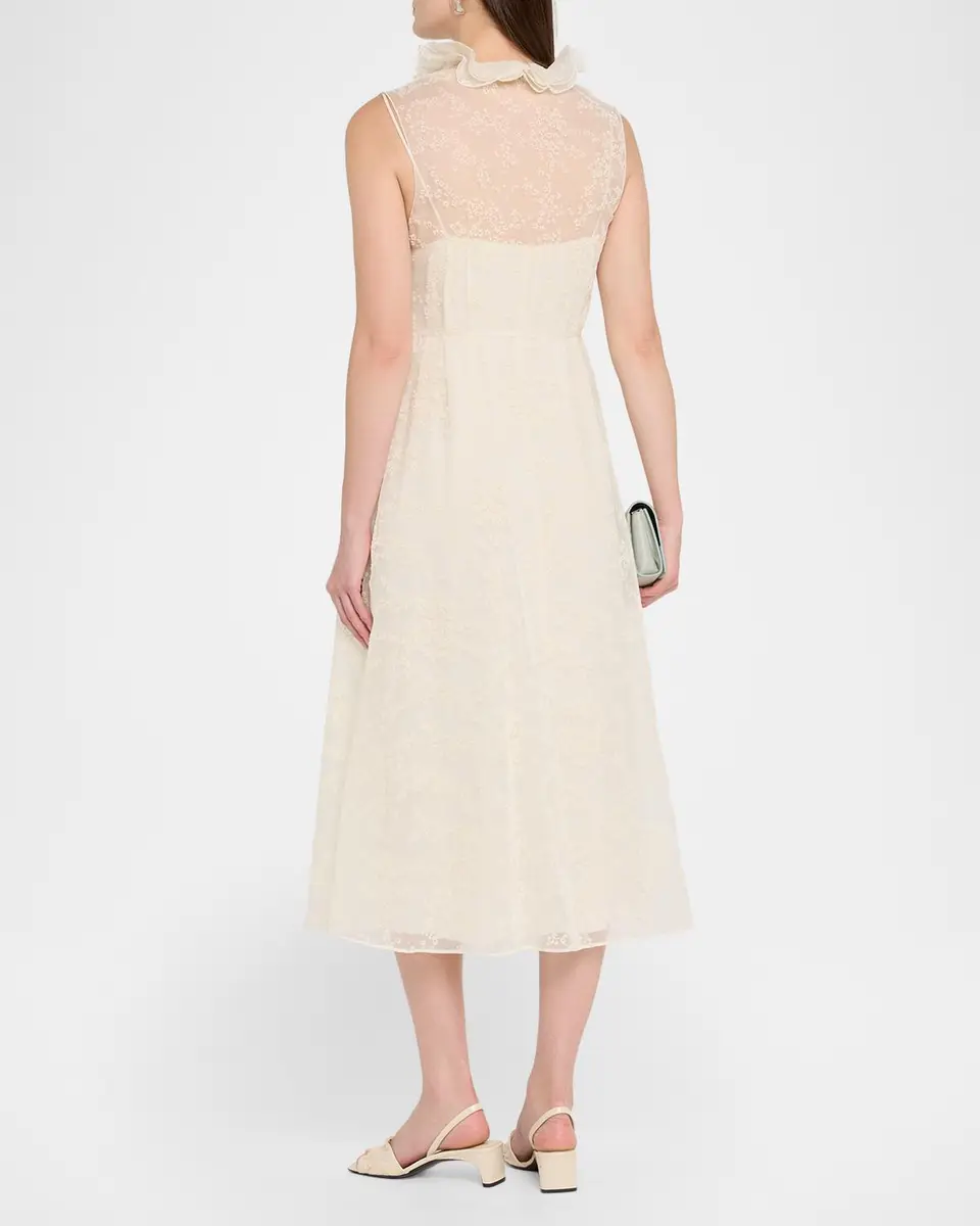 Alberta Ferretti Sleeveless Ruffle V-Neck Floral Silk Tulle Midi Dress | Thumbnail 3 Alberta Ferretti Sleeveless Ruffle V-Neck Floral Silk Tulle Midi Dress | Thumbnail 3