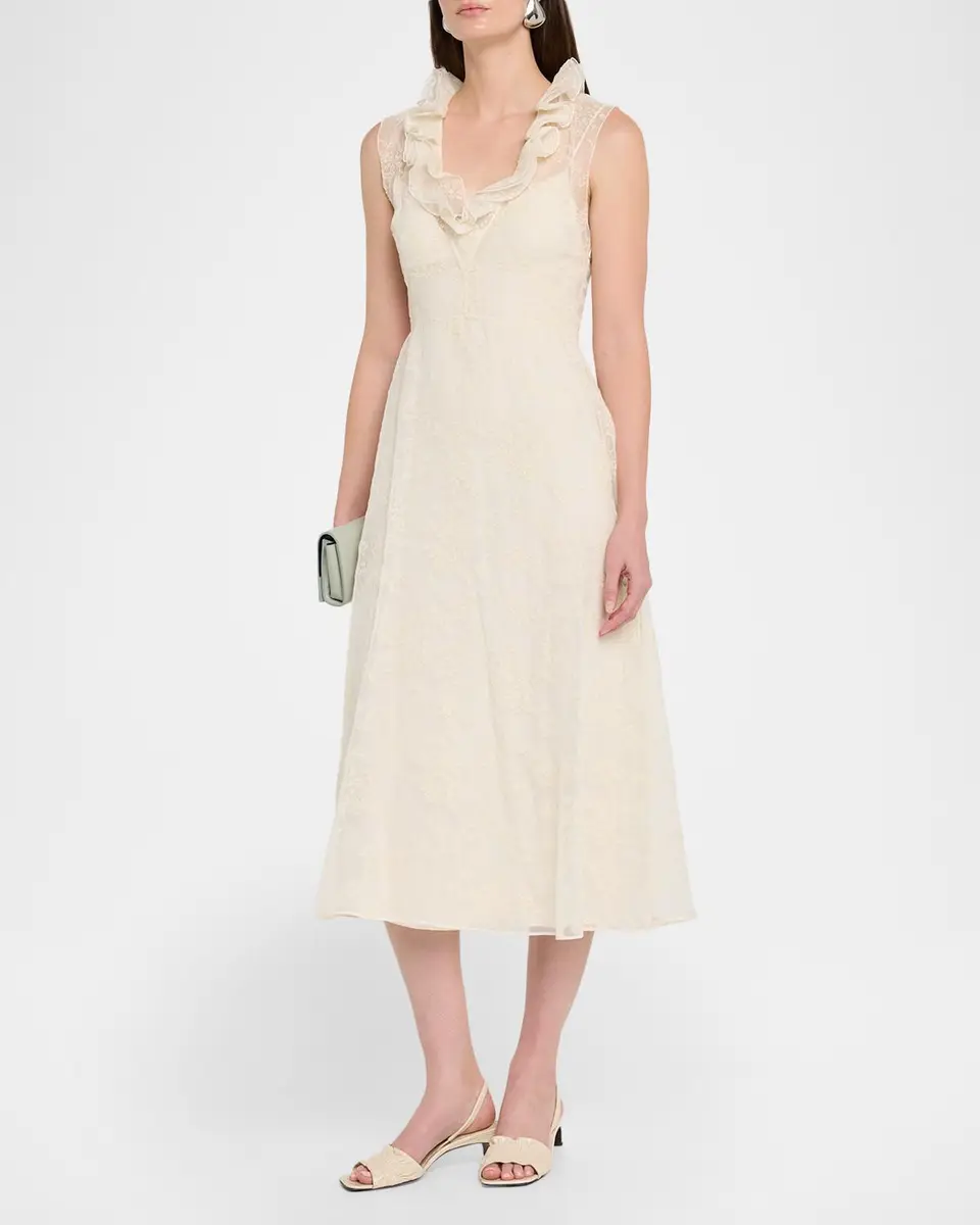 Alberta Ferretti Sleeveless Ruffle V-Neck Floral Silk Tulle Midi Dress | Thumbnail 4 Alberta Ferretti Sleeveless Ruffle V-Neck Floral Silk Tulle Midi Dress | Thumbnail 4