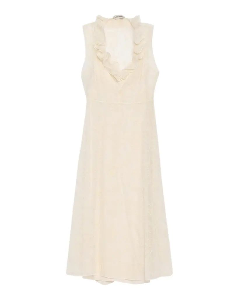 Sleeveless Ruffle V-Neck Floral Silk Tulle Midi Dress Sleeveless Ruffle V-Neck Floral Silk Tulle Midi Dress