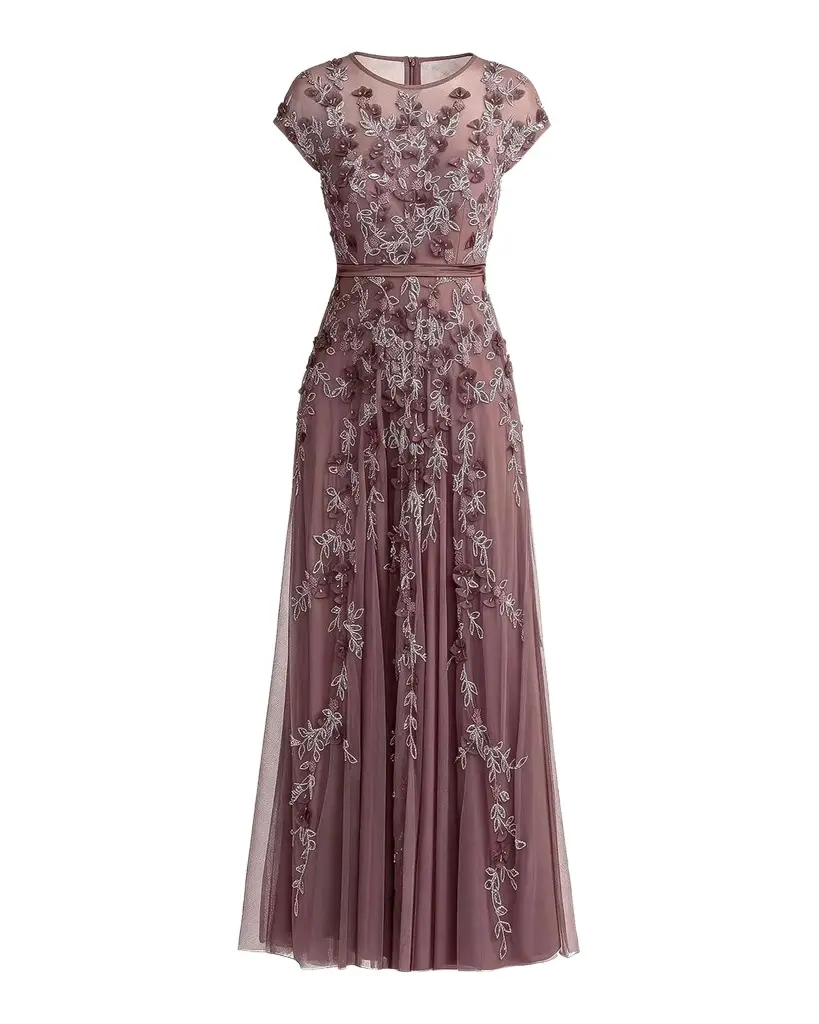 Mac Duggal Beaded Mesh Cap-Sleeve Gown | Image 1 Mac Duggal Beaded Mesh Cap-Sleeve Gown | Image 1