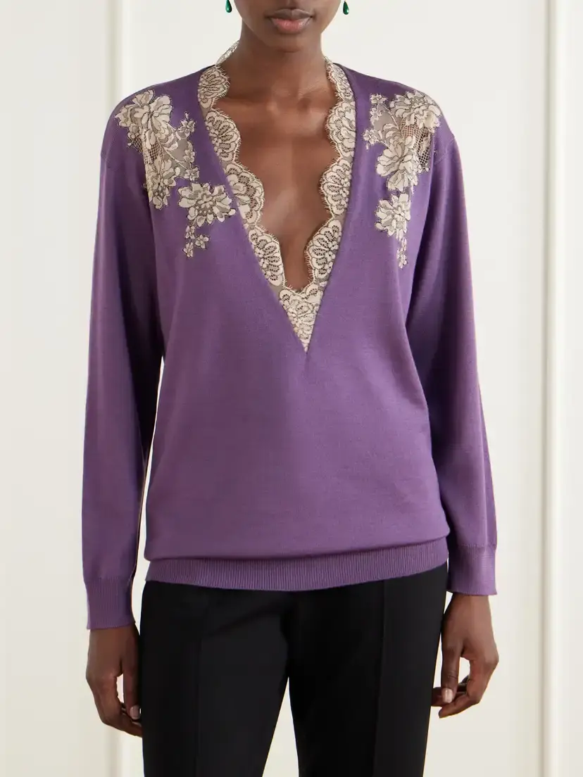 Valentino Garavani Lace-trimmed Virgin Wool Sweater | Thumbnail 3
