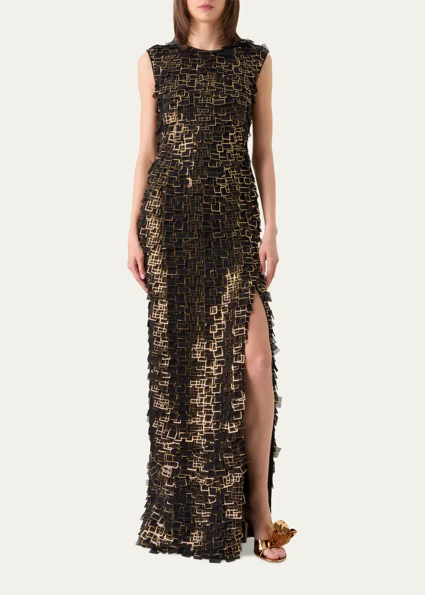 Akris Metallic Organza Tiles Sleeveless Column Gown | Thumbnail 2 Akris Metallic Organza Tiles Sleeveless Column Gown | Thumbnail 2
