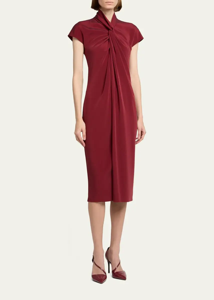 Giorgio Armani Draped Twisted-Collar Short-Sleeve Midi Dress | Thumbnail 4 Giorgio Armani Draped Twisted-Collar Short-Sleeve Midi Dress | Thumbnail 4