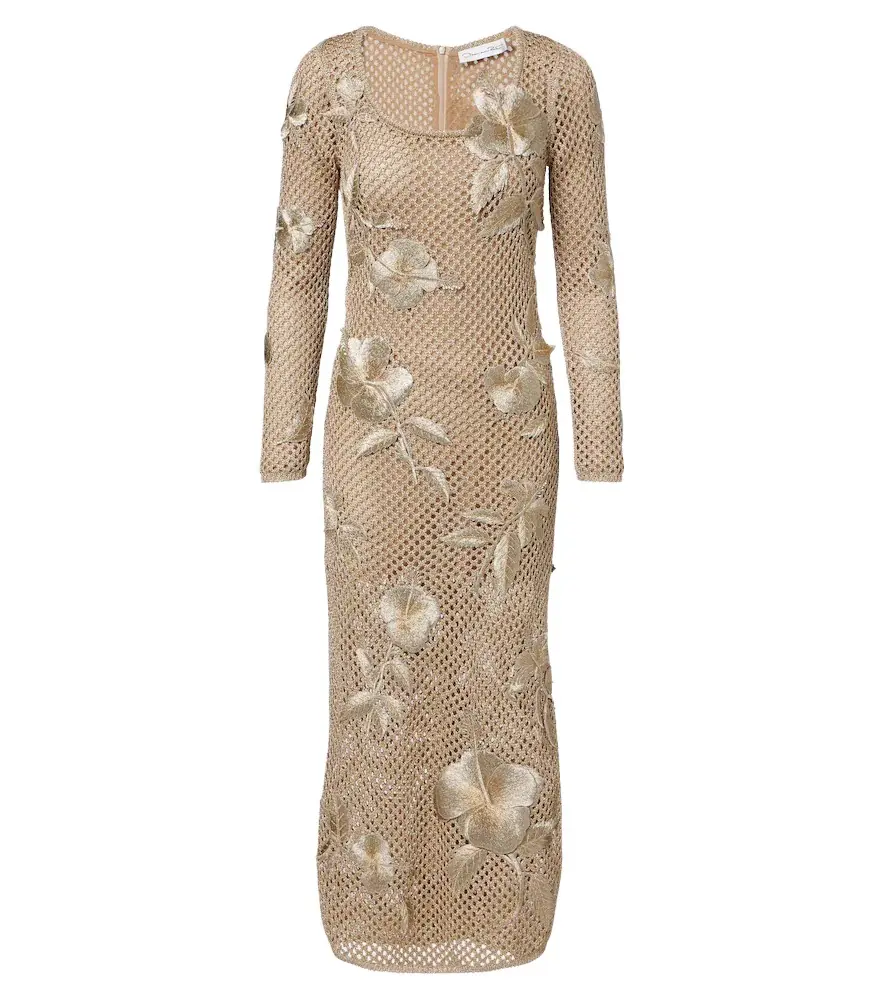 Oscar de la Renta Floral-appliqué open-knit midi dress | Image 1 Oscar de la Renta Floral-appliqué open-knit midi dress | Image 1