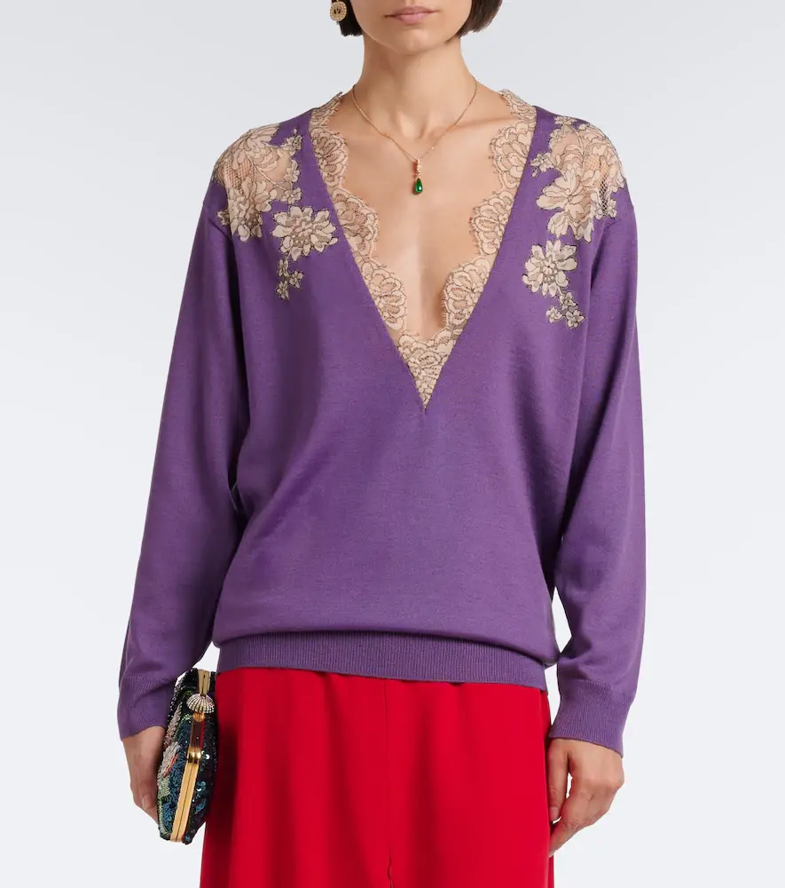 Valentino Garavani Lace-trimmed virgin wool sweater | Thumbnail 2