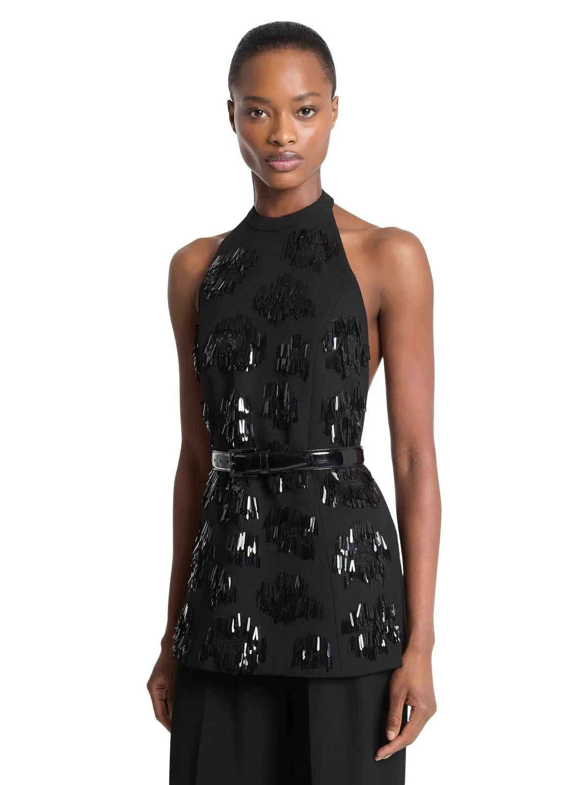 Michael Kors Collection Hand-Embroidered Paillette Wool Gabardine Halter Top in Black