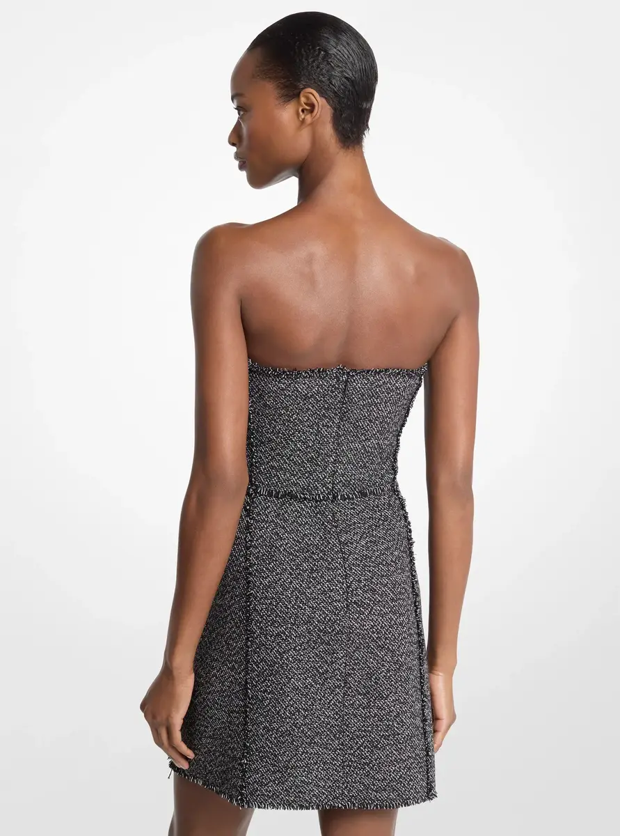 Michael Kors Collection Frayed Crosshatch Tweed Sweetheart Mini Dress in Black | Thumbnail 2