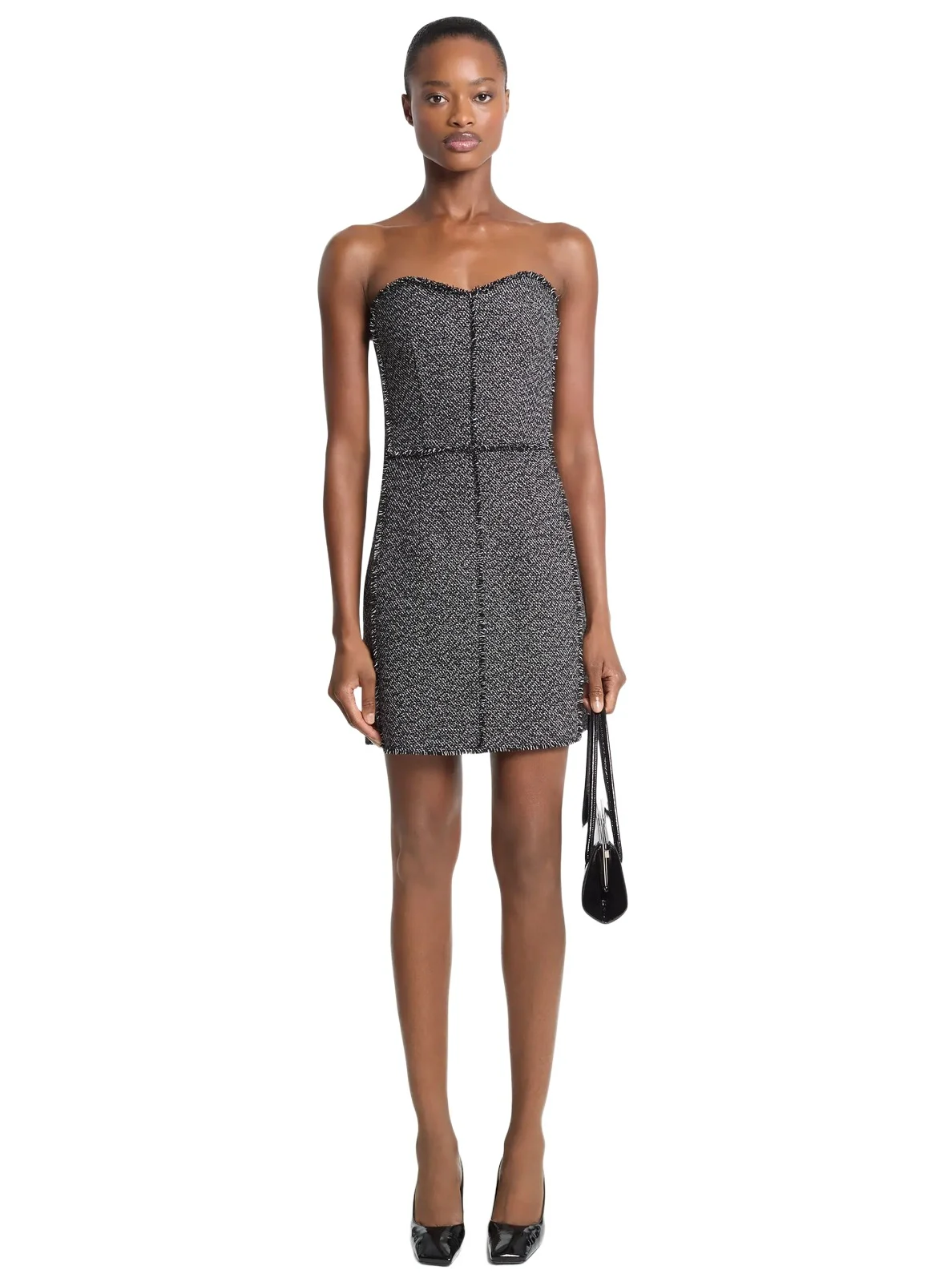 Frayed Crosshatch Tweed Sweetheart Mini Dress in Black Frayed Crosshatch Tweed Sweetheart Mini Dress in Black