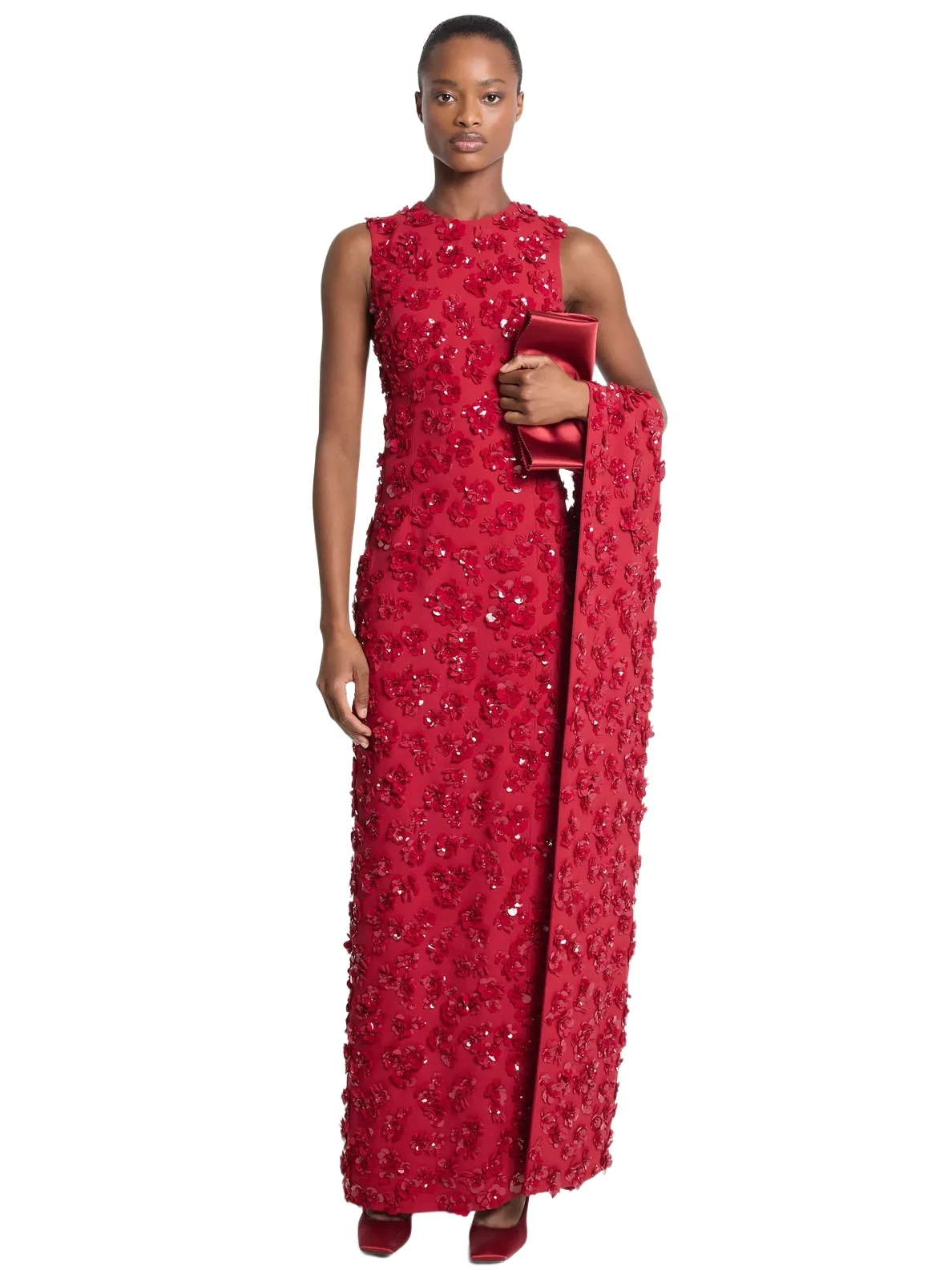 Hand-Embroidered Floral Double Crepe Sablé Gown in Red Hand-Embroidered Floral Double Crepe Sablé Gown in Red