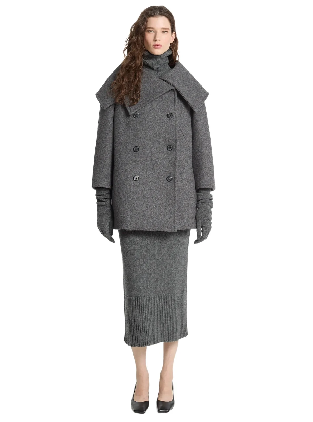Wool Melton Portrait Collar Peacoat in Grey