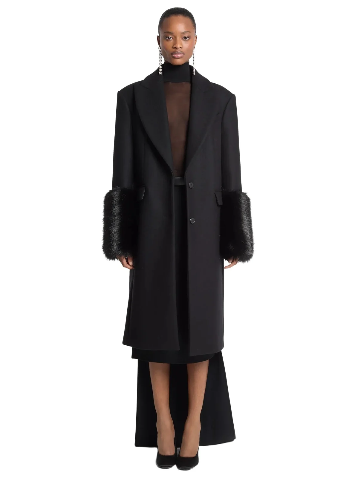 Wool Melton and Faux Fox Chesterfield Coat in Black