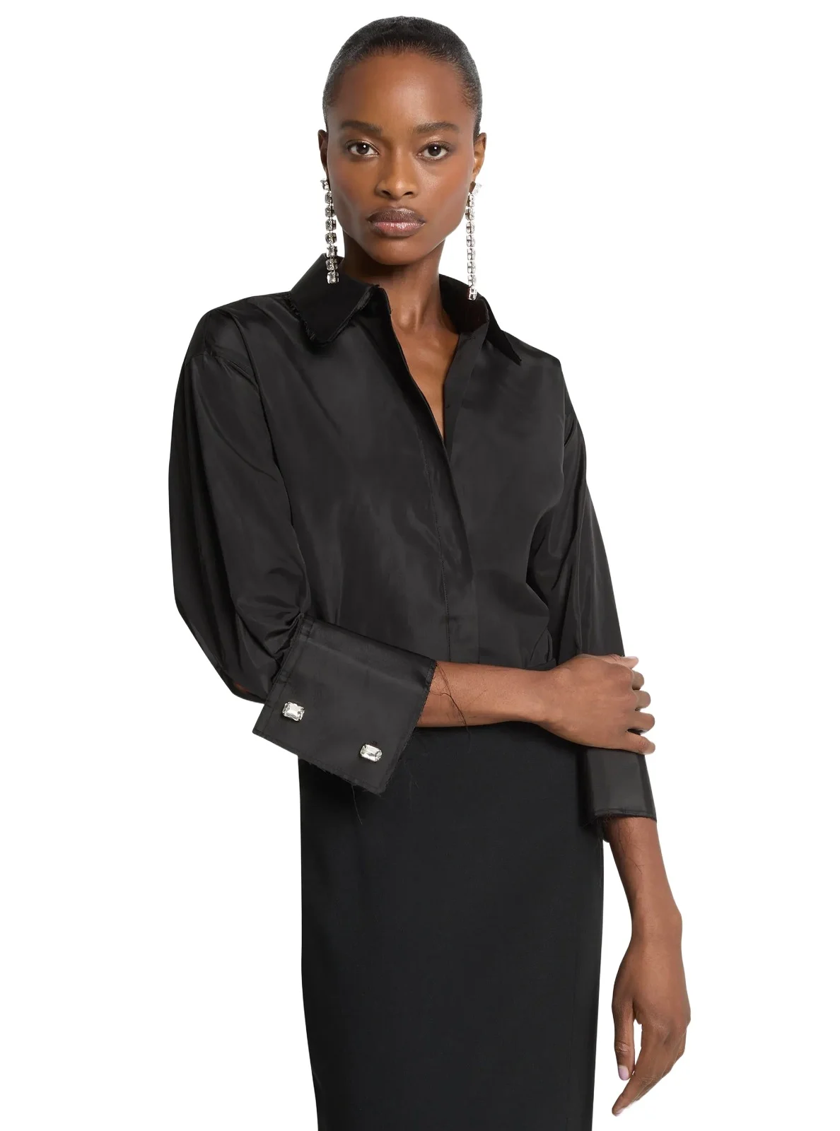 Michael Kors Collection Frayed Trim Silk Taffeta Shirt in Black