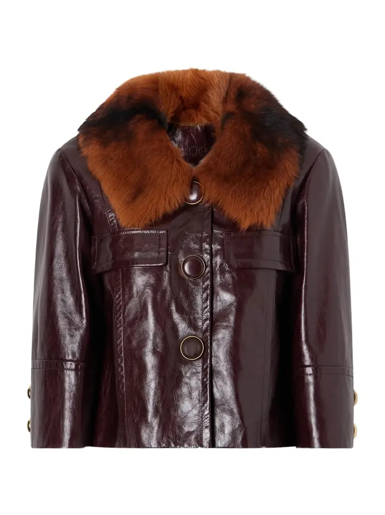 Cropped shearling-trimmed leather jacket