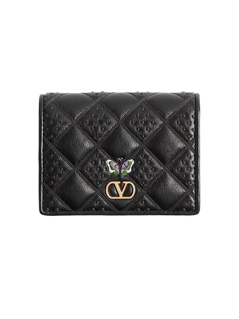 Valentino Garavani Women's Flutterby Wallet in Shiny Nappa Leather with Butterfly Embroidery - Black | Image 1 Valentino Garavani Women's Flutterby Wallet in Shiny Nappa Leather with Butterfly Embroidery - Black | Image 1