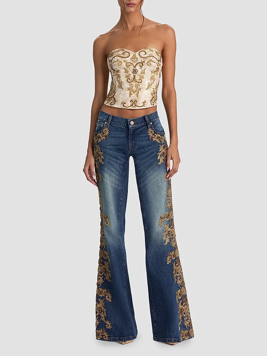 Alice + Olivia Women's Emryn Embellished Ultra Low-Rise Relaxed Flared Jean | Thumbnail 2 Alice + Olivia Women's Emryn Embellished Ultra Low-Rise Relaxed Flared Jean | Thumbnail 2