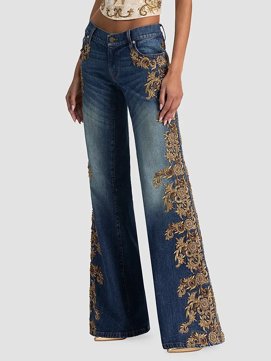 Alice + Olivia Women's Emryn Embellished Ultra Low-Rise Relaxed Flared Jean | Thumbnail 4 Alice + Olivia Women's Emryn Embellished Ultra Low-Rise Relaxed Flared Jean | Thumbnail 4