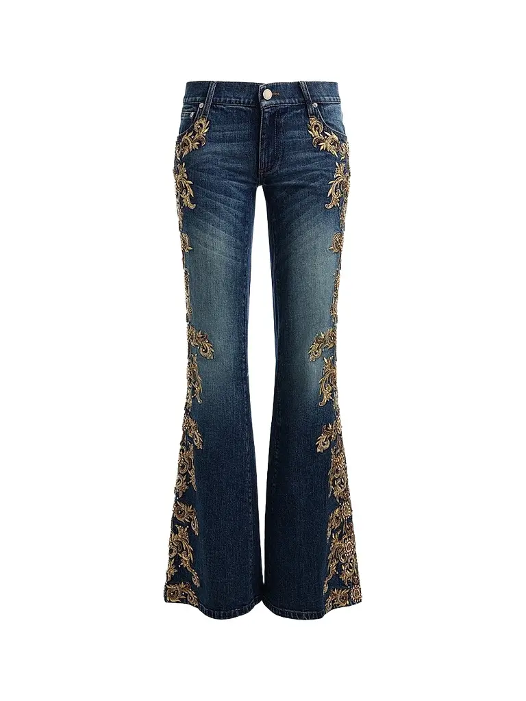 Alice + Olivia Women's Emryn Embellished Ultra Low-Rise Relaxed Flared Jean